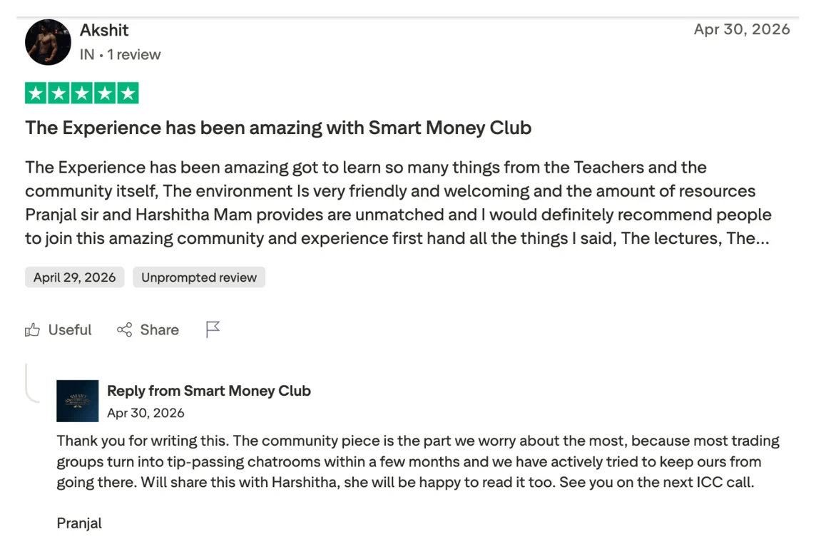 5-star Trustpilot review by Akshit with Pranjal's reply about keeping the community free of tip-passing