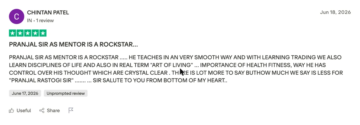 5-star Trustpilot review by Chintan Patel: Pranjal sir as mentor is a rockstar